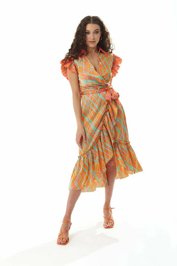 Orange Scribble Print Midi Wrap Dress With Frill Liquorish